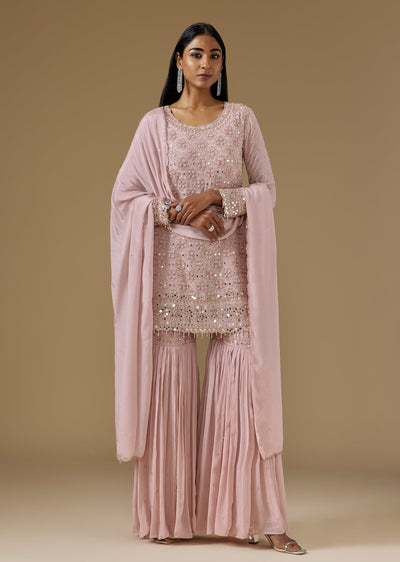 Pink Chinon Sharara Suit With Mirror Cut Dana And Moti Embroidery