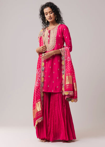 Pink Chinon Silk Kurta Sharara Set with Zari Work
