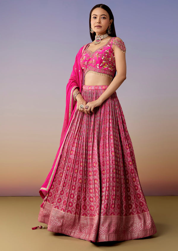 Pink Cold Shoulder Printed Bridesmaid Lehenga Set