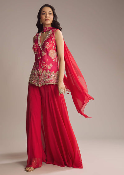 Pink Crepe Floral Printed Palazzo Suit With Mirror Work