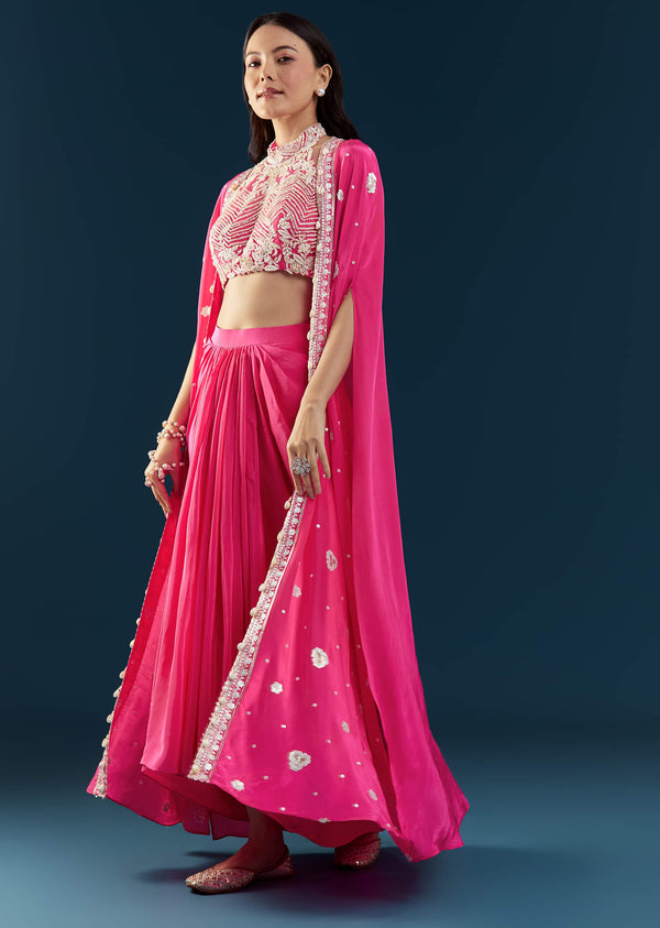 Pink Crop Top Skirt Set with Cape
