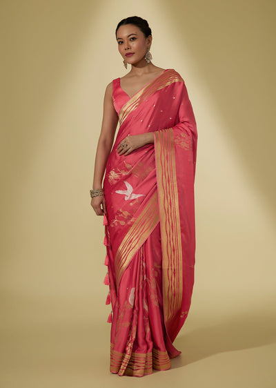 Pink Dola Silk Zari Woven Saree With Gold Peacock Motifs