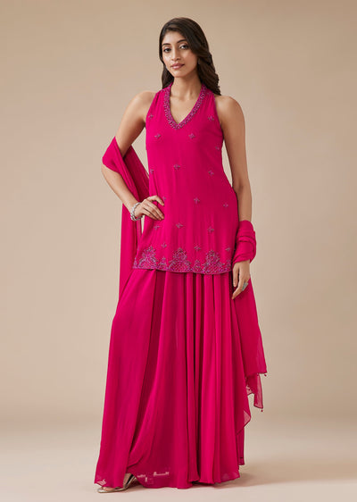 Pink Embellished V Neck Sharara Suit Set