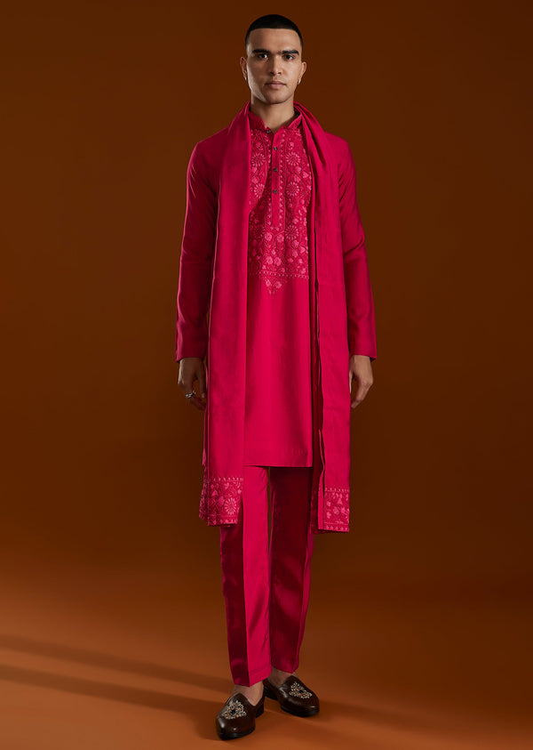Pink Embroidered Viscose Kurta Set With Dupatta