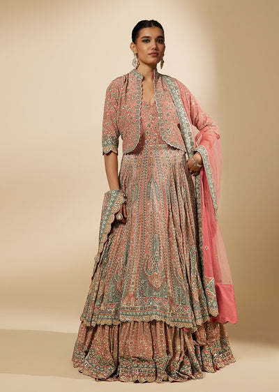 Pink Floral Embellished Layered Anarkali Set With Jacket