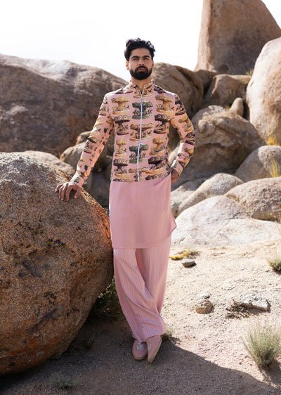 Pink Floral Print Embroidered Kurta Jacket Set