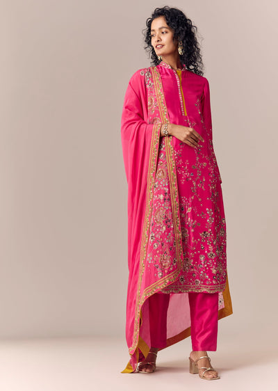 Pink Floral Printed Kurta Pant Set With Dupatta