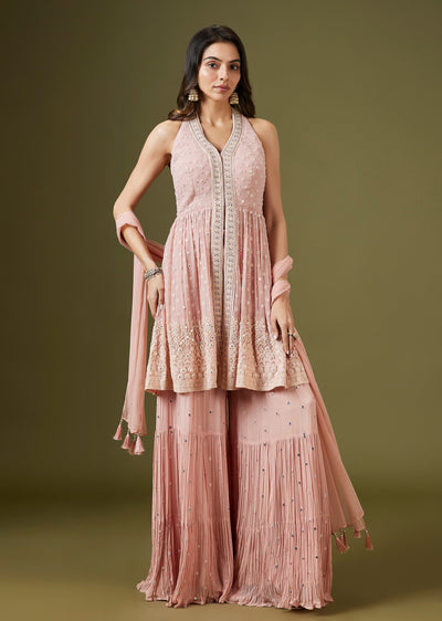 Pink Georgette Embroidered Peplum Sharara Set With Dupatta