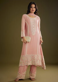 Pink Georgette Moti Work Asymmetrical Kurta Set With Tassels Bordered Dupatta