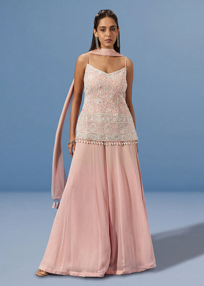 Pink Georgette Palazzo Suit With Cut Dana Embroidered Short Kurta