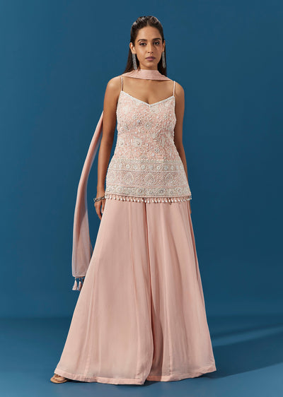 Pink Georgette Palazzo Suit With Cut Dana Embroidered Short Kurta