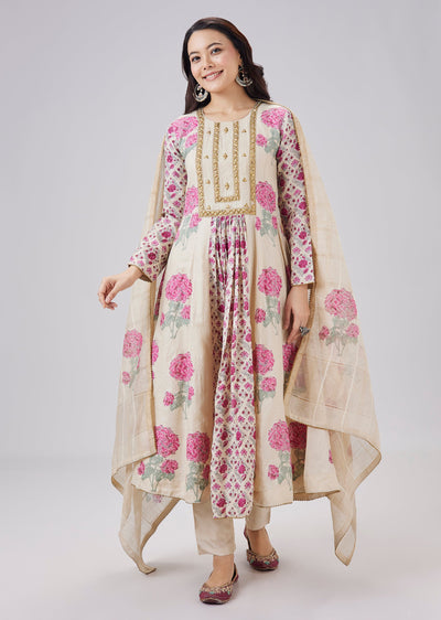 Pink Hand Block Printed Tussar Silk Anarkali Set With Dupatta