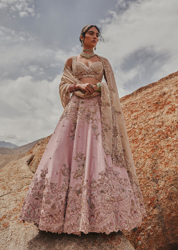 Pink Handcrafted Bridal Lehenga With 3D Floral Embroidery