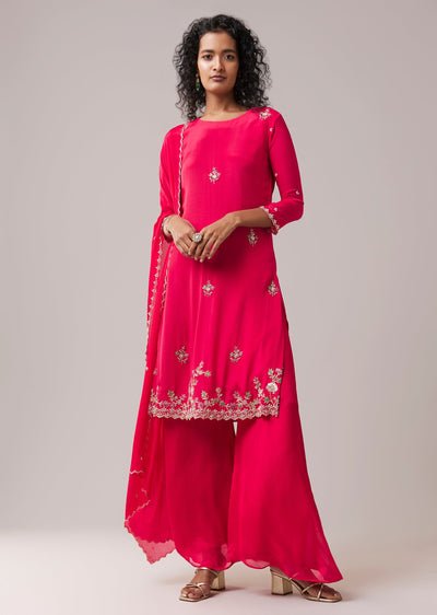 Pink Kurta Palazzo Set with Zardozi Work