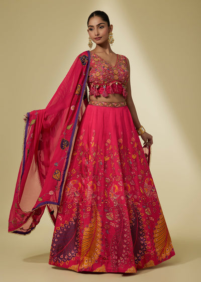 Pink Linen Floral Embroidered Lehenga Choli Set