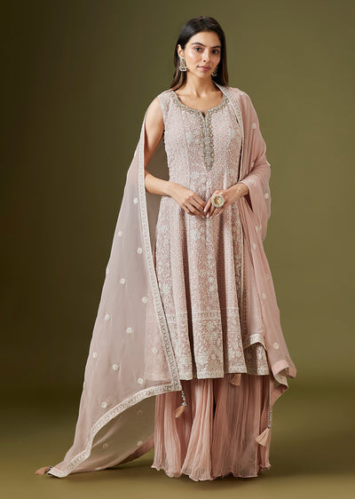 Pink Lucknowi Georgette Anarkali Palazzo Set With Dupatta