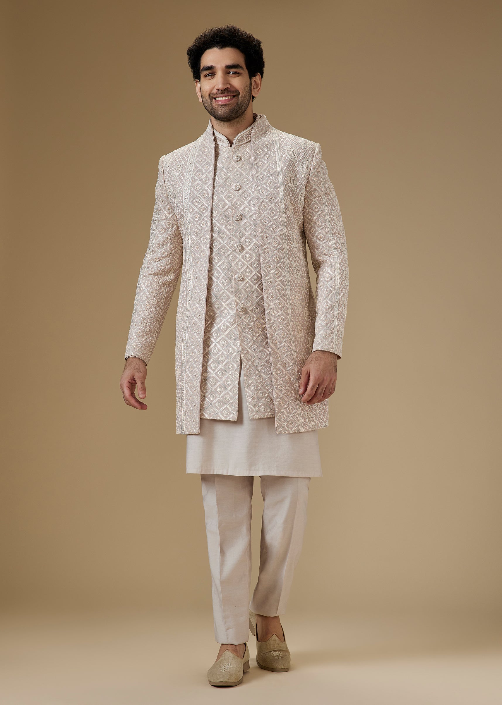 Pink Lucknowi Indo Western Suit Set With Resham Embroidery