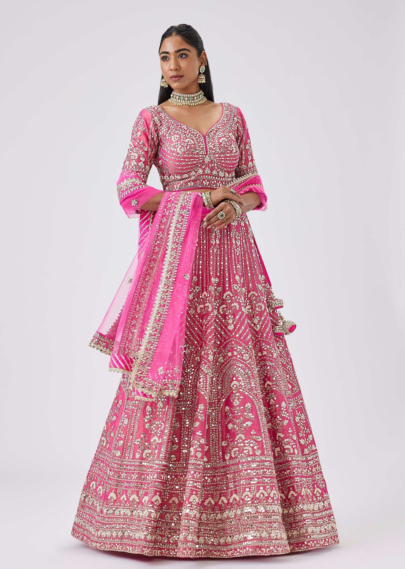 Pink Mirror And Zardozi Embroidered Tissue Lehenga Set