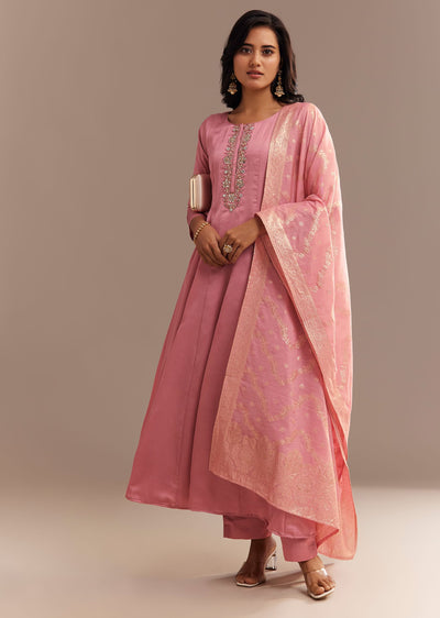 Pink Muslin Mirror Embroidered Anarkali Set