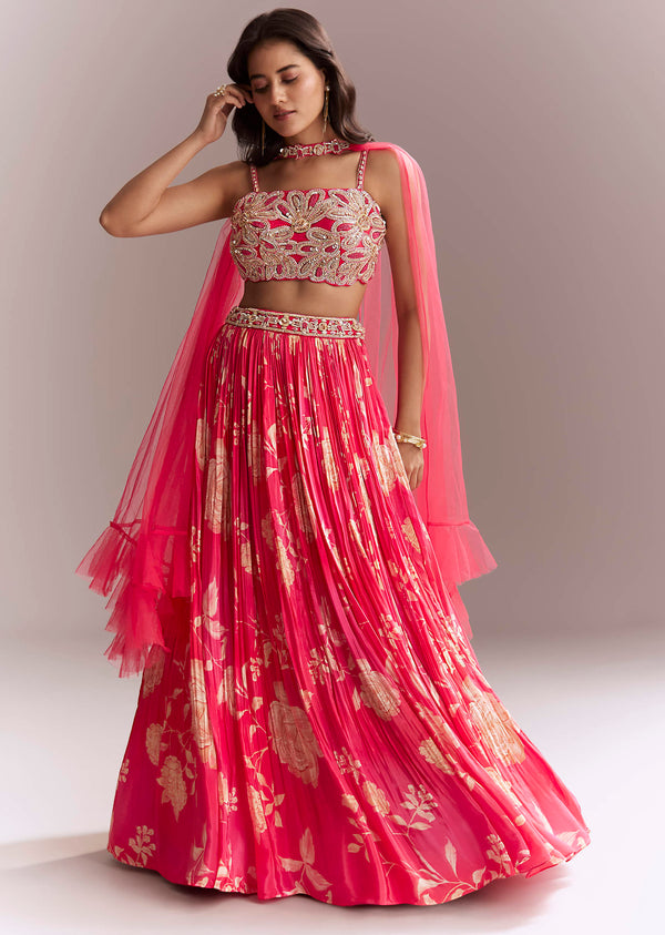 Pink Net Bridesmaid Lehenga With Floral Print And Heavy Embroidery