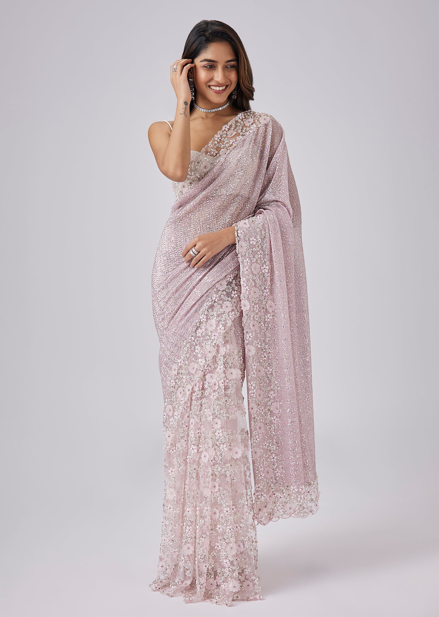 Pink Net Half And Half Sequin Saree