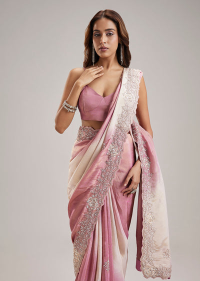 Pink Ombre Organza Saree With Cut Dana And Sequin Embellishments
