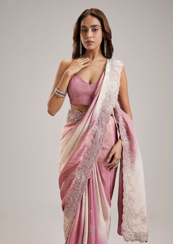 Pink Ombre Organza Saree With Cut Dana And Sequin Embellishments