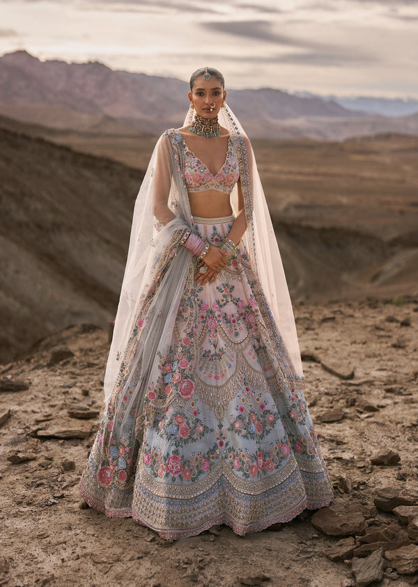 Pink Ombre Raw Silk Bridal Lehenga With Stone Work
