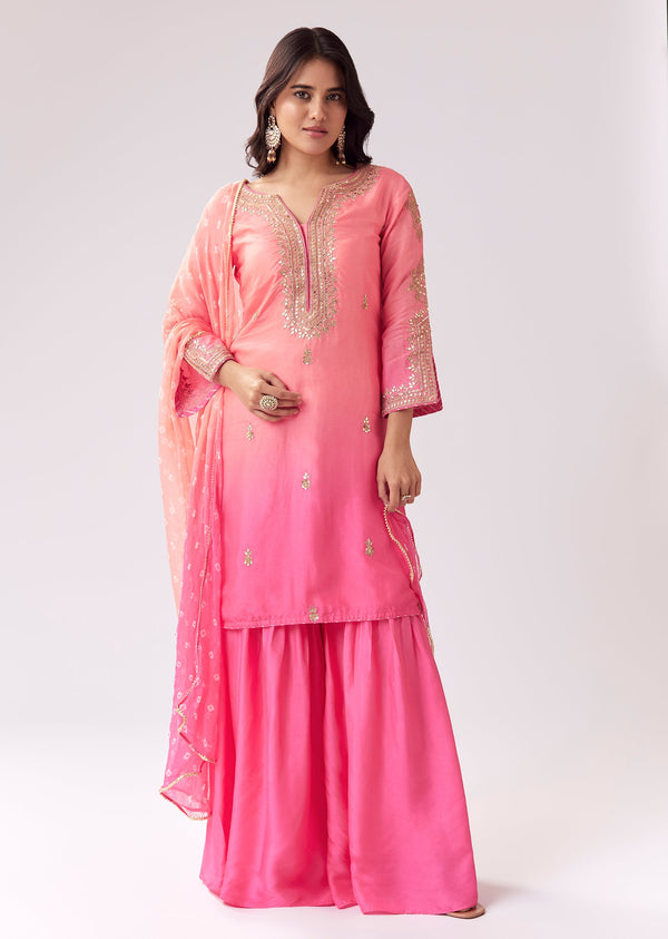 Pink Ombre Sharara Set With Gotta Work And Bandhani Dupatta
