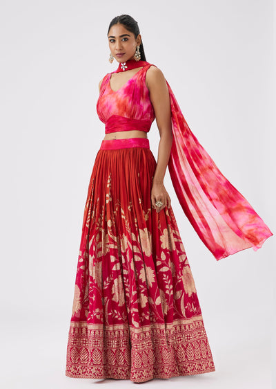 Pink Ombre Woven Organza Lehenga Set