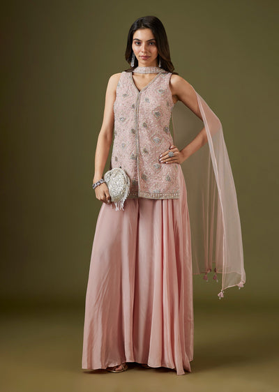 Pink Organza Embellished Front Slit Kurta Palazzo Set With Dupatta