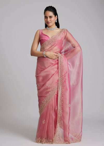 Pink Organza Saree With Floral Border