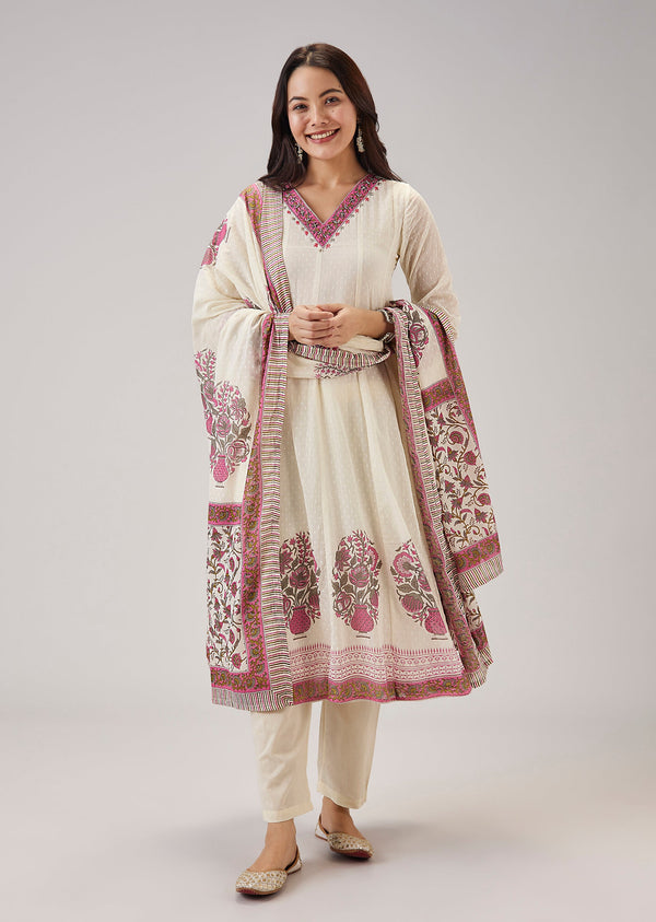 Pink Hand Block Printed Anarkali With Cut Dana Work