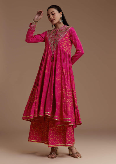 Pink Printed Flared Kurta and Palazzo Set