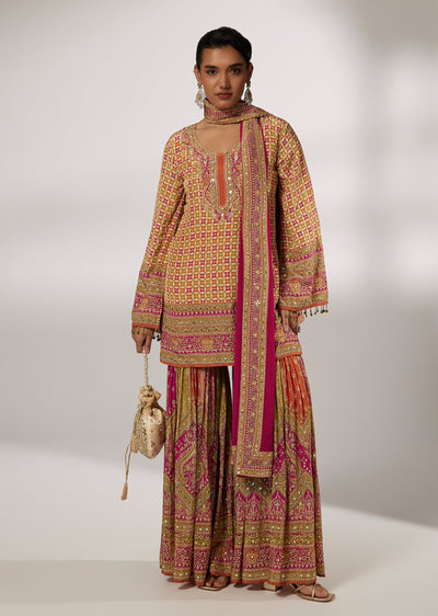 Pink Printed Kurta Sharara Set with Mirror And Sequin Work