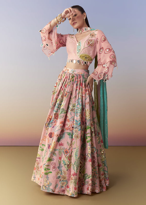 Pink Printed Lehenga Set with Gotta Lace