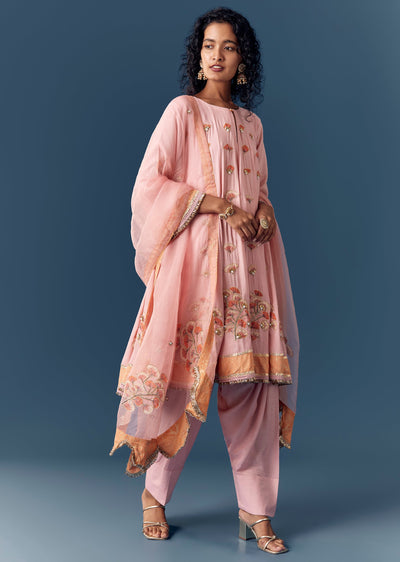 Pink Printed Short Anarkali Pant Set With Dupatta