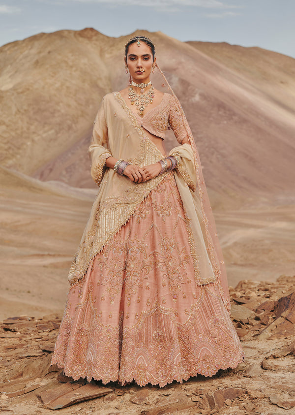 Pink Raw Silk Bridal Lehenga With Crystal Embroidery And Dual Dupattas