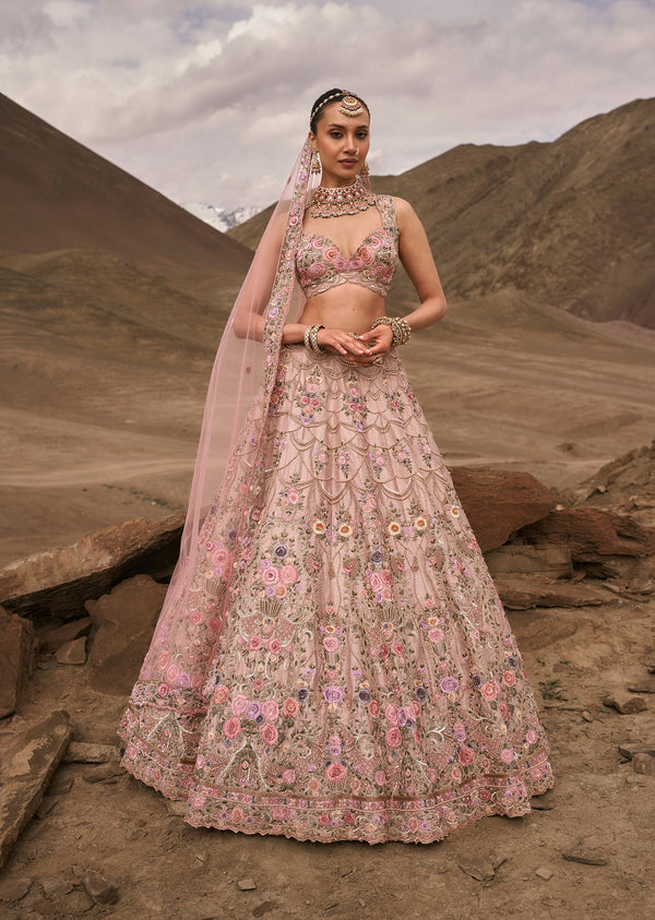 Pink Raw Silk Bridal Lehenga With Stone And Cut Dana Work