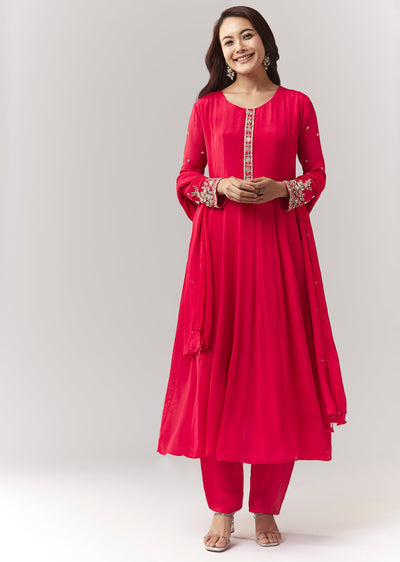 Pink Resham Cut Dana Sleeve Anarkali Pant Set With Dupatta