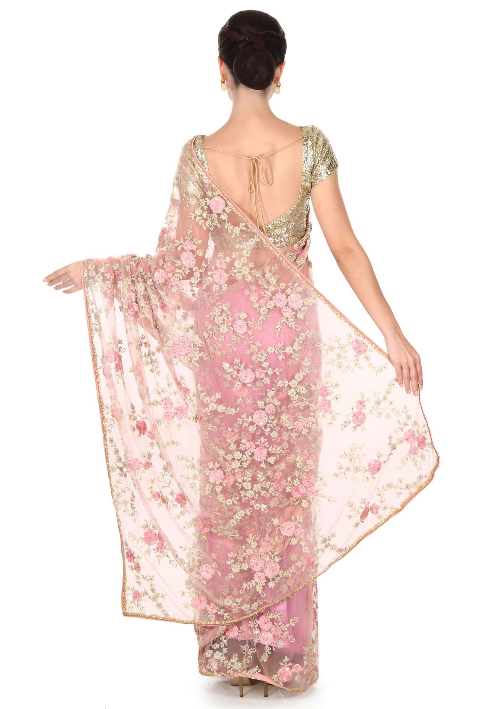 Pink saree embellished in resham in floral motif only on Kalki - KALKI Fashion India