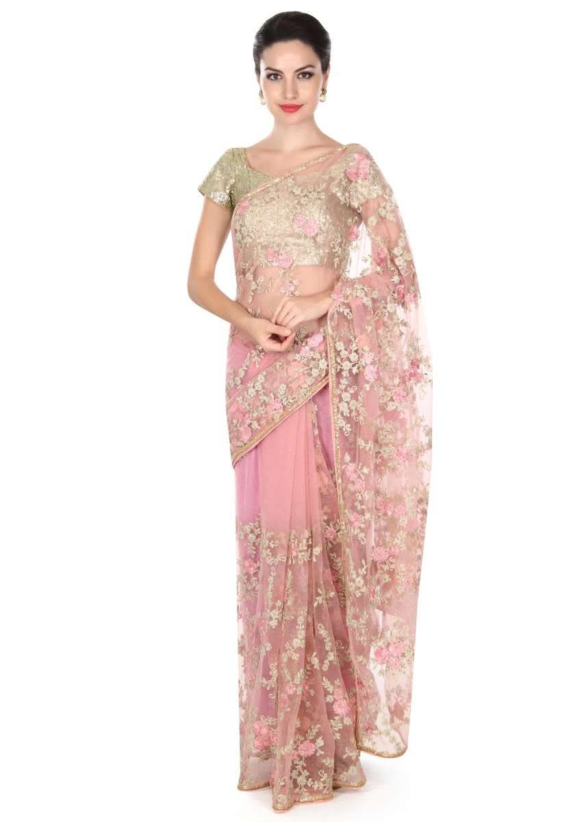 Pink saree embellished in resham in floral motif only on Kalki - KALKI Fashion India