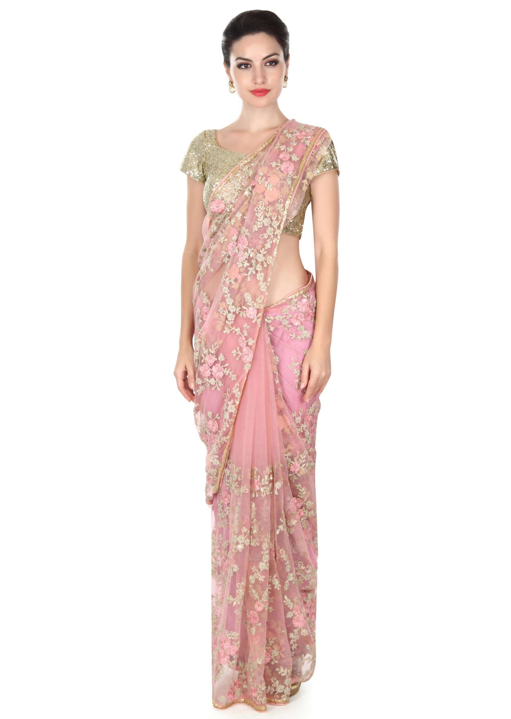 Pink saree embellished in resham in floral motif only on Kalki - KALKI Fashion India