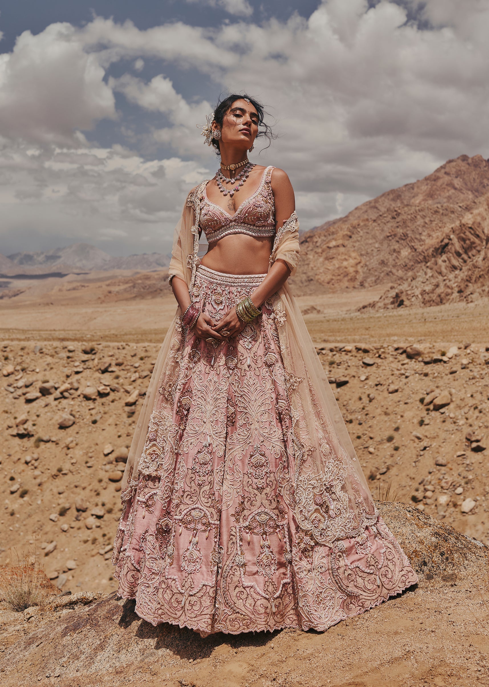 Pink Satin Bridal Lehenga With Chantilly Lace And 3D Floral Prints