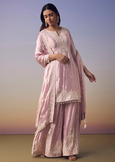 Pink Satin Embroidered Kurta Palazzo Set
