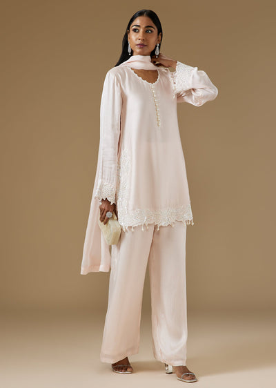 Pink Satin Kurta Set With Resham And Moti Embroidery