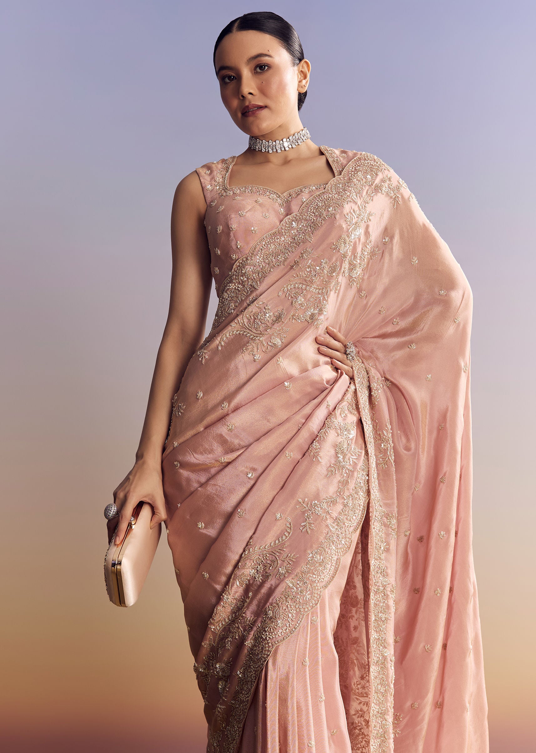 Pink Satin Saree With Scalloped Embroidery