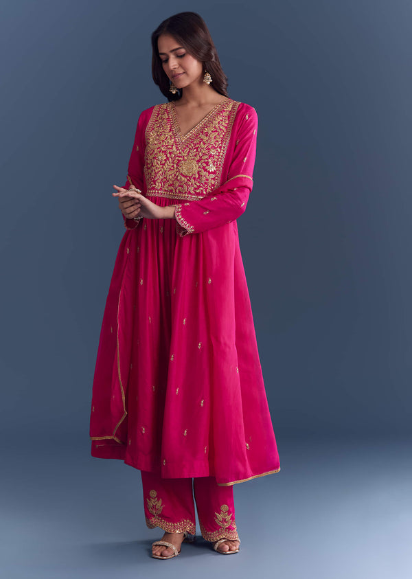 Pink Silk Anarkali Suit With Zari Thread Embroidery