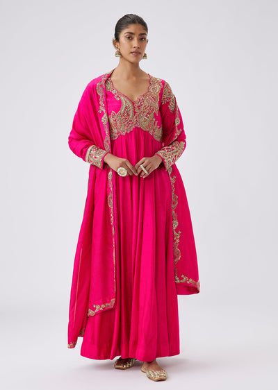 Pink Silk Embroidered A Line Anarkali Set