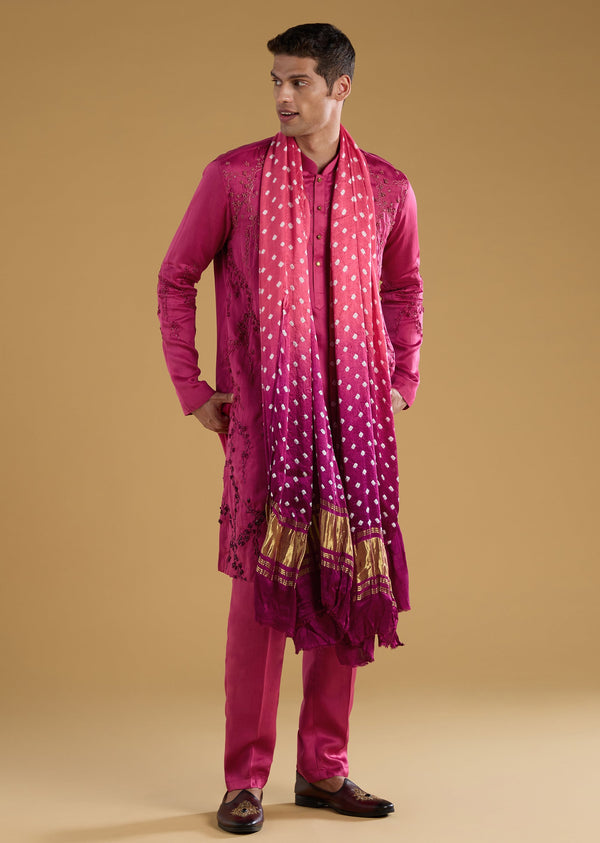 Pink Silk Embroidered Men's Kurta Set with Dupatta